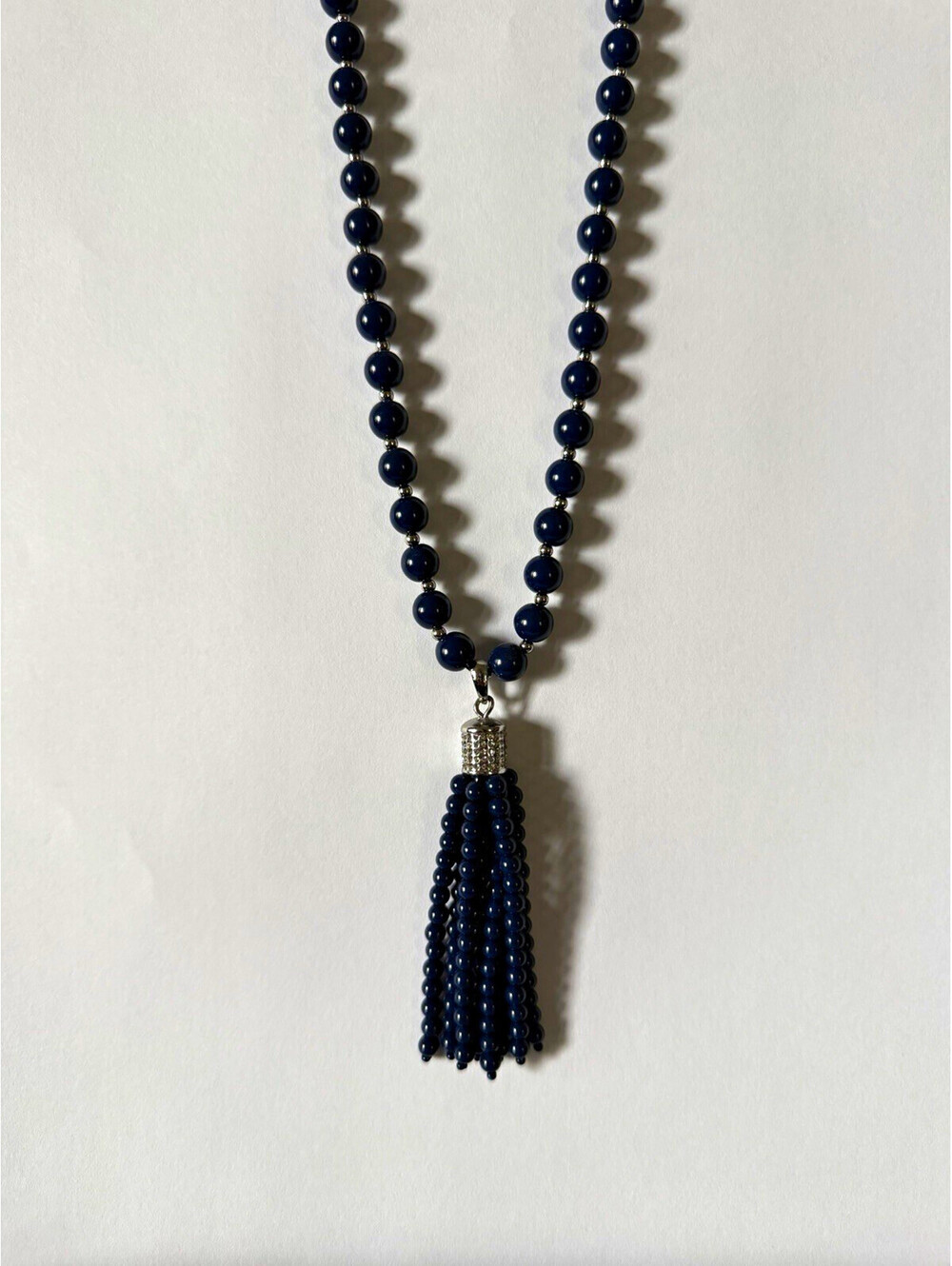 Talbots Beautiful Blue Stone Beaded Necklace w/ Tassel Pendant, Lobster Clasp
